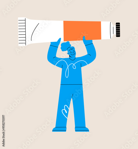Woman holds a large tube of paint. Colorful vector illustration