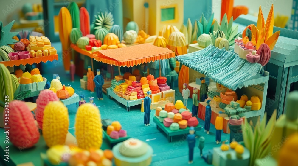 Paper Crafted City Market - Whimsical 3D Rendering of Colorful Bustling Street Scene Paper Crafted City Market - Whimsical 3D Rendering of Colorful Bustling Street Scene