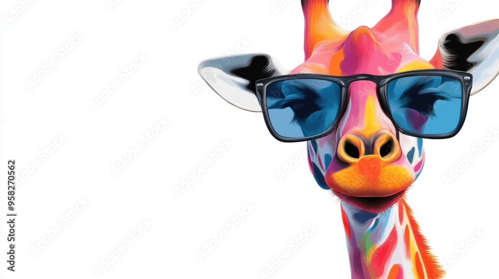 A giraffe wearing sunglasses and a colorful patterned shirt, AI