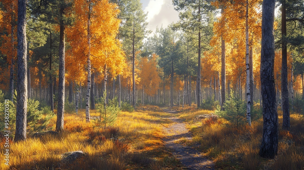 A serene forest path adorned with vibrant autumn foliage, inviting nature lovers to explore its peaceful beauty. A serene forest path adorned with vibrant autumn foliage, inviting nature lovers to explore its peaceful beauty.