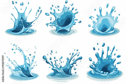 Liquid water splashes, falling aqua drops Blue water motion effects, flows, streams, spills and crown shape isolated on background, vector cartoon set