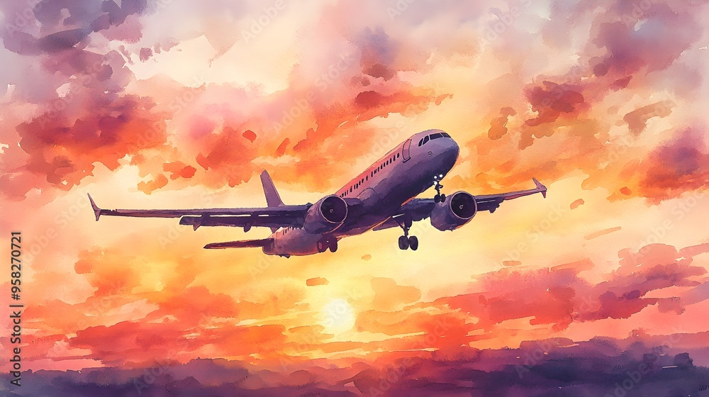 Capturing the moment a plane glides through a sunset, the sky bathed in warm orange and pink tones, a watercolor masterpiece of aerial tranquility Capturing the moment a plane glides through a sunset, the sky bathed in warm orange and pink tones, a watercolor masterpiece of aerial tranquility