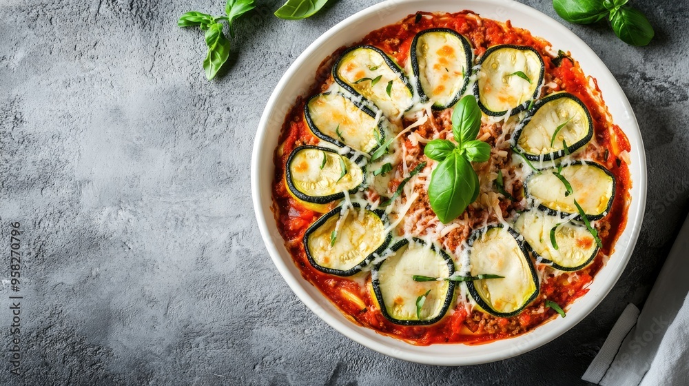 Baked zucchini rolls with ground meat, layered with tomato sauce and cheese, arranged in a white dish on a gray concrete background, captured from above with selective focus, Baked zucchini rolls with ground meat, layered with tomato sauce and cheese, arranged in a white dish on a gray concrete background, captured from above with selective focus,