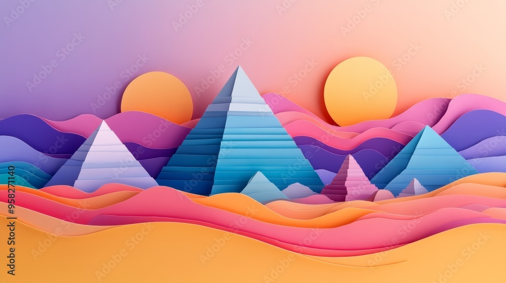 Vivid Paper Cutout Pyramids of Egypt in Whimsical 3D Rendering Vivid Paper Cutout Pyramids of Egypt in Whimsical 3D Rendering