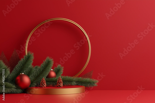 3D render mockup podium display for Christmas product design with a red background. Christmas decoration and a green geometric shape circle frame in the middle of the composition photo