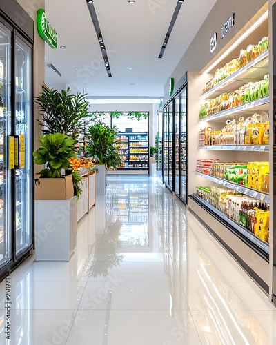 Bright and modern grocery store showcasing fresh produce, beverages, and vibrant plants, creating a welcoming shopping atmosphere.