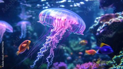 Beautiful neon-lit jellyfish gracefully floating in an aquarium, surrounded by vibrant fish and coral, creating a mesmerizing underwater scene