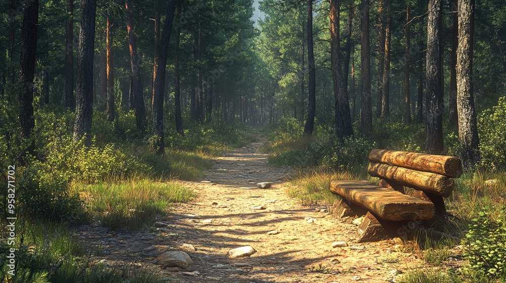 Fototapeta premium A serene forest path lined with tall trees and a rustic wooden bench, inviting tranquility and peaceful reflection in nature.