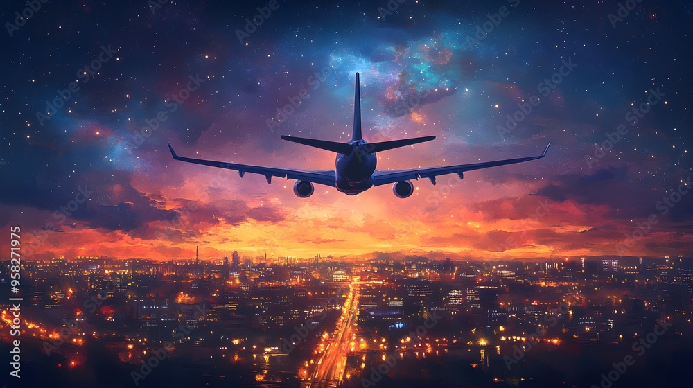 High-altitude airplane above a nighttime city, where the streets and buildings are painted in delicate watercolor strokes, under a starry sky High-altitude airplane above a nighttime city, where the streets and buildings are painted in delicate watercolor strokes, under a starry sky