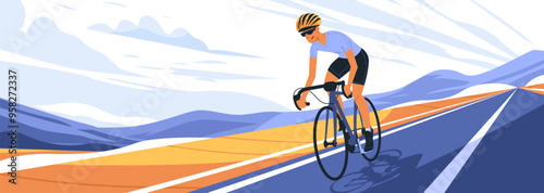 Cyclist riding on open road with mountains in the background wearing helmet and sunglasses bright colors dynamic sky