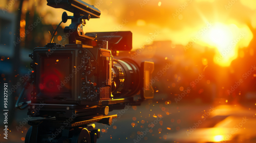 Fototapeta premium A camera is pointed at the sun, capturing the beautiful moment