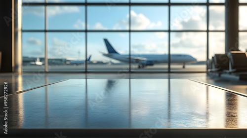Close-up of an empty table  in an airport background for product display presentation template design
