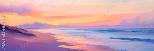 Surreal colorful sunset over tranquil ocean, pastel colors blending in sky and water