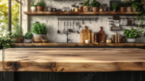 Wooden Kitchen Counter with Potted Plants. Bright kitchen featuring a wooden countertop, potted plants, and kitchen utensils, creating a natural and inviting cooking space.