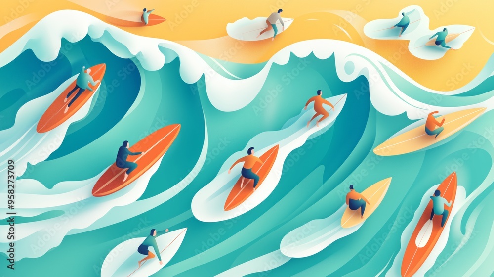 Obraz premium Surfers riding a large wave at sunset, dynamic ocean scene with vibrant colors and motion.
