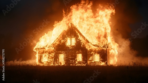 A fully engulfed wooden house on fire in a tranquil village at night, smoke and embers rising into the dark sky. High detail, cinematic view, photo-realistic, insurance perspective