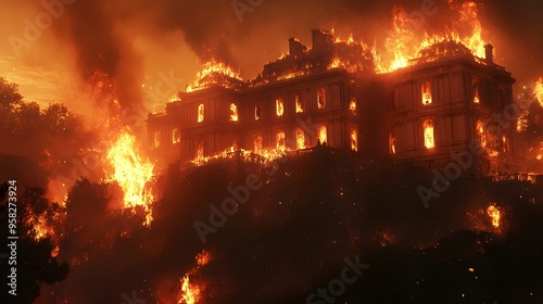 A grand mansion engulfed in flames on a hilltop, burning vividly against the night sky, with fire casting eerie shadows as it crumbles into ash