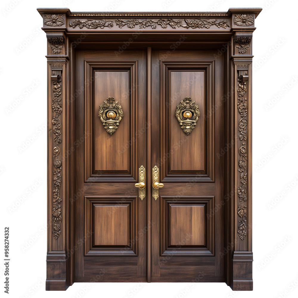 A classic wooden door with ornate brass handles isolated on transparent background A classic wooden door with ornate brass handles isolated on transparent background