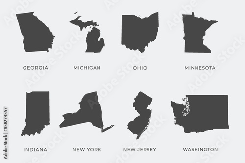 USA states map silhouette, America state map vector outline of Georgia, Michigan, Ohio, Minnesota, Indiana, New York, New Jersey, Washington.