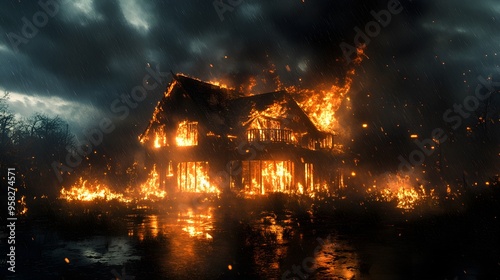 A house ablaze in the middle of a rainstorm, dark skies, rain turning to steam as it contacts the raging fire, dramatic and atmospheric