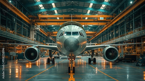 Industrial Hangar with Airplane for Maintenance Check. Airplane stationed in an industrial hangar for a maintenance check, showcasing the scale and complexity of aviation engineering.