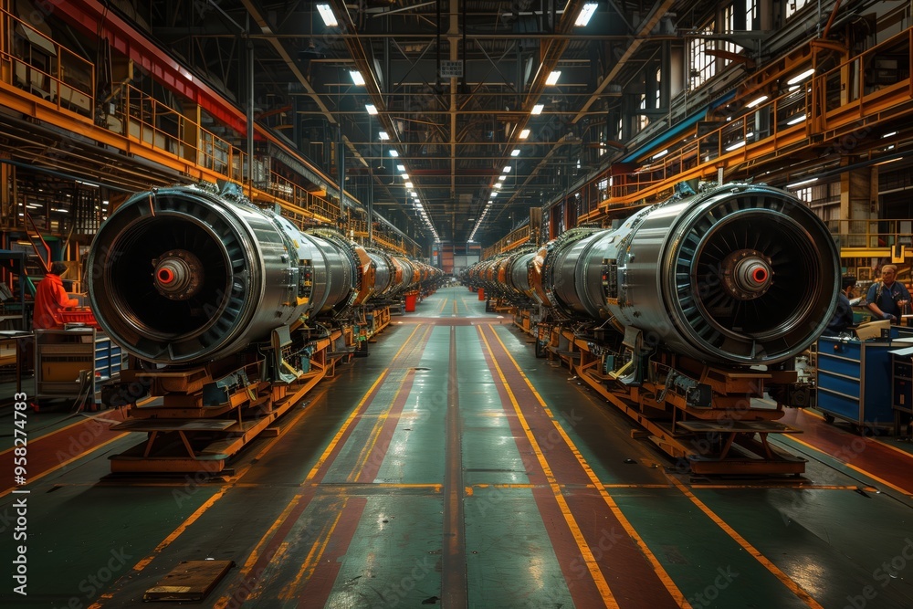 Fototapeta premium Large Aircraft Engine Components in Factory Setting. Rows of large aircraft engine components lined up in a factory setting, illustrating the scale and precision involved in aerospace engineering.