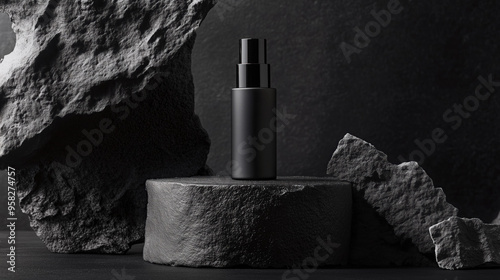black plastic skincare brand spray bottle on black background shadow blank label mockup masculine hair care product photography branding