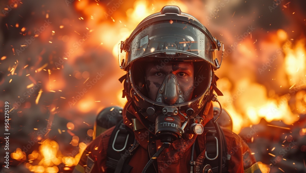 Firefighter with Helmet and Gas Mask in Fire. Firefighter wearing a helmet and gas mask stands in front of a blazing fire, with intense flames and sparks flying around. Firefighter with Helmet and Gas Mask in Fire. Firefighter wearing a helmet and gas mask stands in front of a blazing fire, with intense flames and sparks flying around.