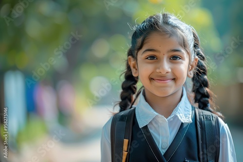 Smiling Indian Schoolgirl in Uniform and Backpack Ready for a Day of Learning photo