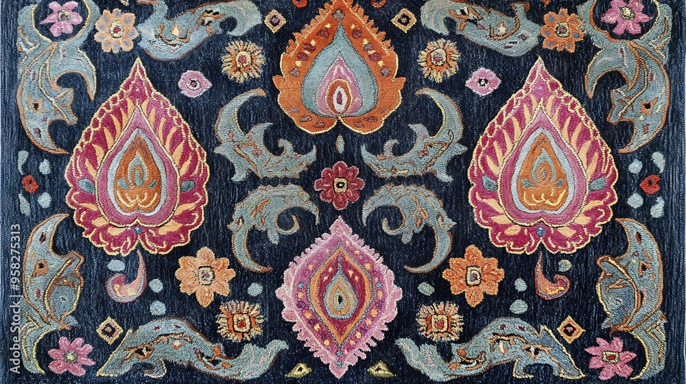 Traditional Indian rug paisley patterns vibrant colors and handwoven texture Traditional Indian rug paisley patterns vibrant colors and handwoven texture