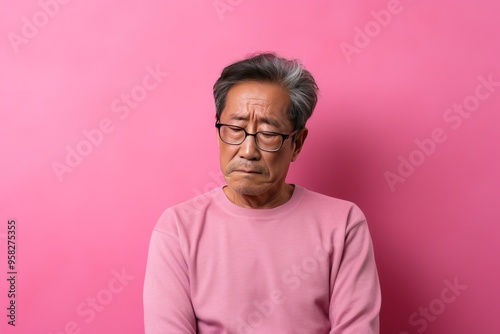 Pink background sad Asian man. Portrait of older mid-aged person beautiful bad mood expression boy Isolated on Background depression anxiety fear burn out