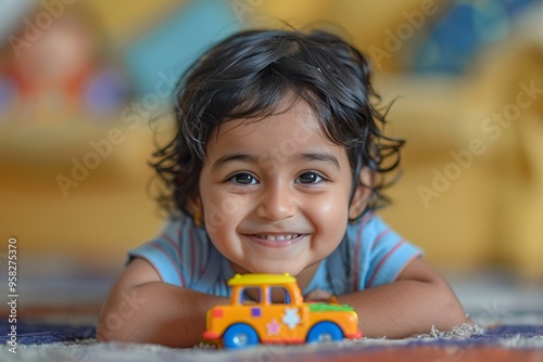 Smiling Indian Toddler with Toy Car at Home Fun Expressions photo