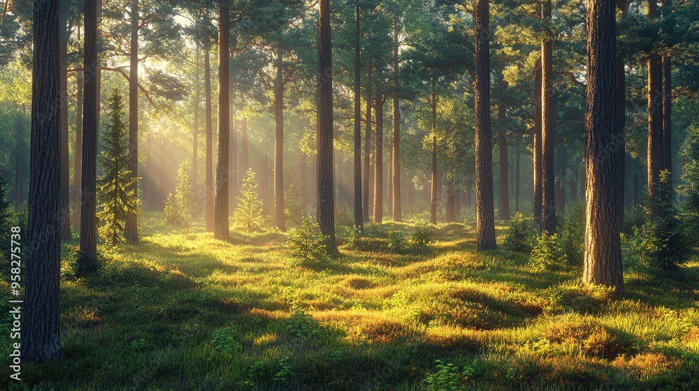 Fototapeta premium A serene forest scene with sunlight streaming through tall trees, illuminating lush greenery and creating a peaceful atmosphere.