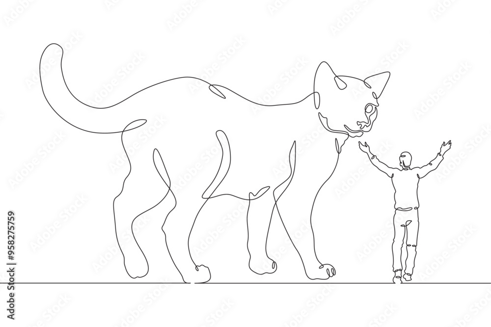 Continuous one line drawing giant cat with a small man. The man is afraid of the big cat. Animals are bigger than humans. One continuous line isolated minimal illustration. Continuous one line drawing giant cat with a small man. The man is afraid of the big cat. Animals are bigger than humans. One continuous line isolated minimal illustration.