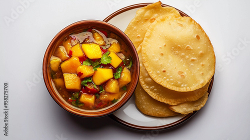 Indian breakfast aloo ki sabji with puri isolated on white background photo