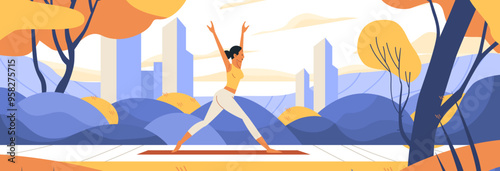 Woman practicing yoga outdoors in autumn park with trees and cityscape background fitness wellness healthy lifestyle nature landscape