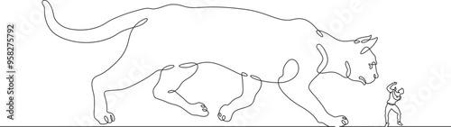 Continuous one line drawing giant cat with a small man. The man is afraid of the big cat. Animals are bigger than humans. One continuous line isolated minimal illustration.
