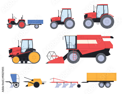 Agricultural transport. Farm machinery for tilling the harvest land. Tractors and their trailers. Vector illustration