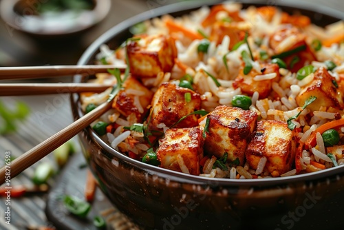 Spicy Szechuan paneer fried rice eaten with chopsticks photo