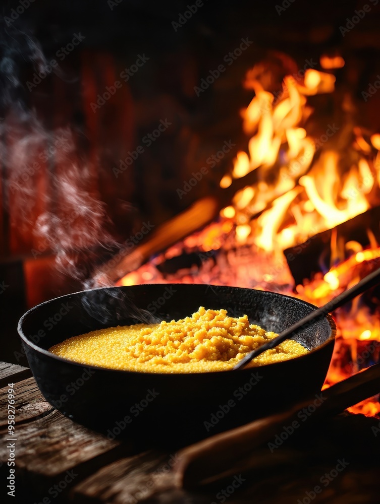 A steaming bowl of delicious porridge cooked over an open fire, showcasing warm colors and rustic charm. A steaming bowl of delicious porridge cooked over an open fire, showcasing warm colors and rustic charm.
