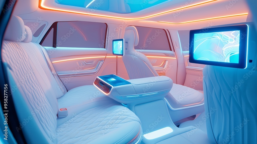 luxurious autonomous car interior with modern LED lighting and comfortable seating luxurious autonomous car interior with modern LED lighting and comfortable seating