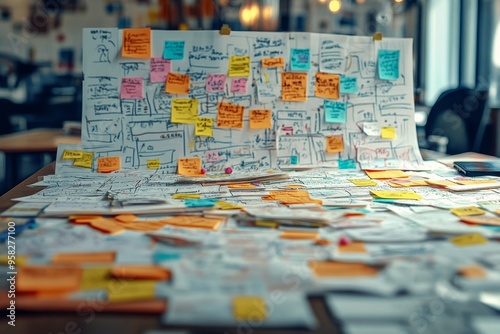 Sticky Notes Brainstorming: A cluttered desk covered in colorful sticky notes, each one filled with handwritten ideas and sketches, illustrating the chaotic yet creative process of brainstorming.  