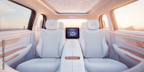 Luxury vehicle interior with modern infotainment system and comfortable seating.