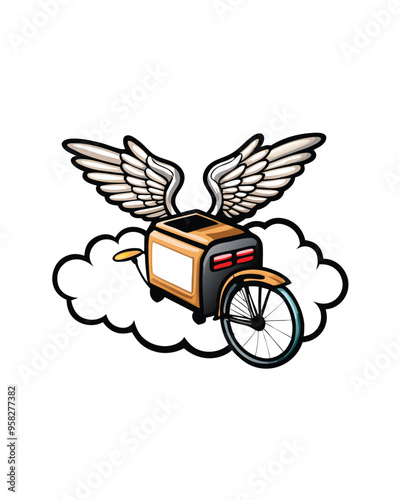 A surreal mashup of a toaster, bicycle wheel, wings, and a cloud.