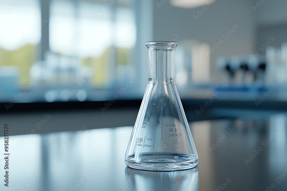 A Clear Glass Erlenmeyer Flask on a Reflective Surface in a Laboratory Setting A Clear Glass Erlenmeyer Flask on a Reflective Surface in a Laboratory Setting