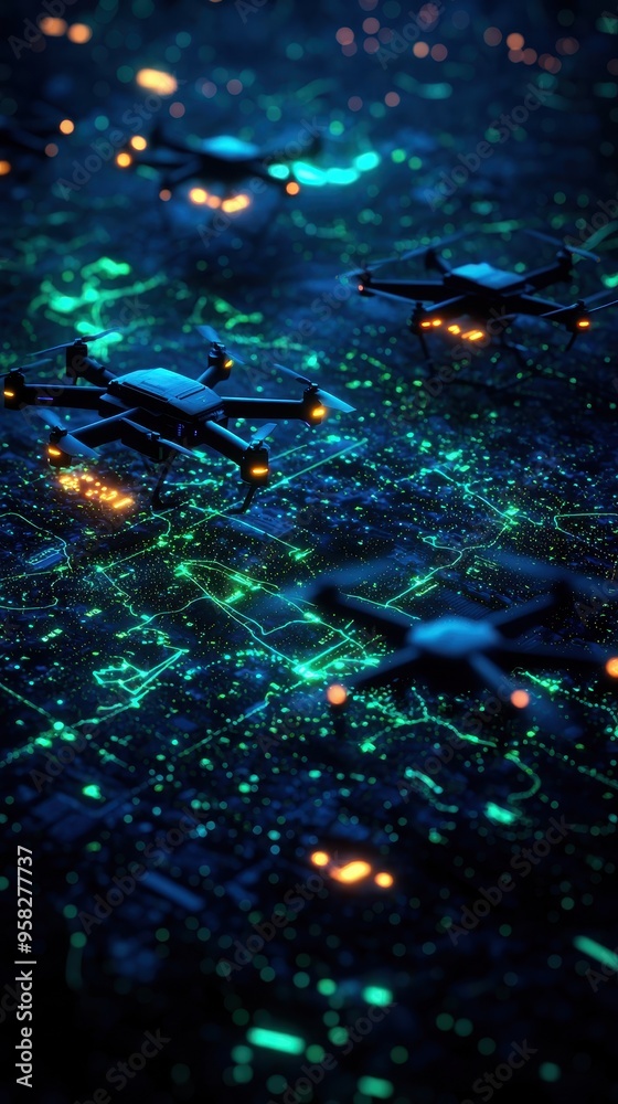 Aerial view of illuminated drones flying over a futuristic cityscape at night, showcasing advanced technology and vibrant colors. Aerial view of illuminated drones flying over a futuristic cityscape at night, showcasing advanced technology and vibrant colors.