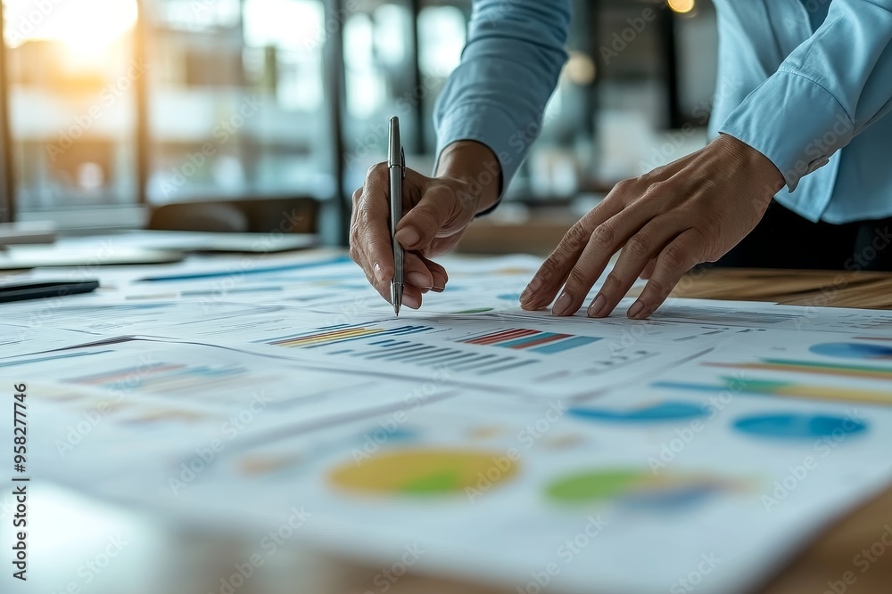 Naklejka premium Strategic Planning: A close-up photo of a professional analyzing data and charts on a desk, showcasing the meticulous detail and focus required for successful business strategy. The image evokes a se