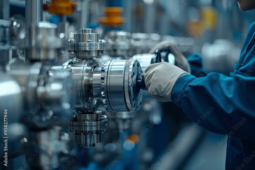 Close-up of a Worker Operating Industrial Machinery with a Valve Close-up of a Worker Operating Industrial Machinery with a Valve