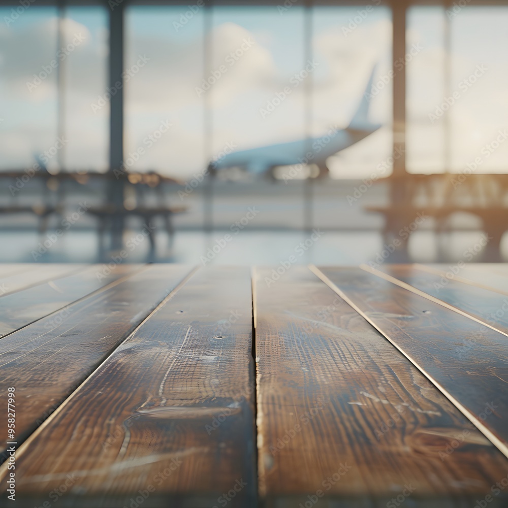 Close-up of an empty table in an airport background for product display presentation template design Close-up of an empty table in an airport background for product display presentation template design