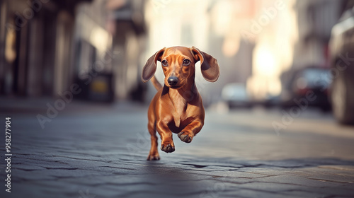 A small dachshund joyfully running down the street with raised ears, against an urban backdrop